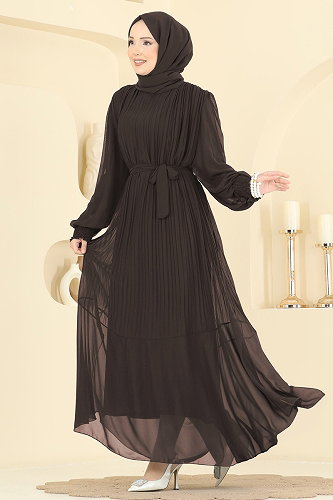 moda selvim Pilise Detaylı Şifon Abiye 5770EDF311 Koyu Kahve - Thumbnail