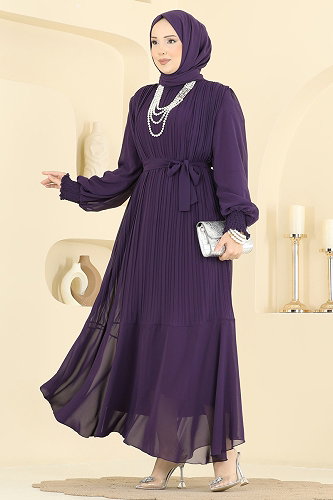 moda selvim Pilise Detaylı Şifon Abiye 5770EDF311 Mor - Thumbnail