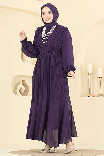 moda selvim Pilise Detaylı Şifon Abiye 5770EDF311 Mor - Thumbnail