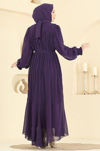 moda selvim Pilise Detaylı Şifon Abiye 5770EDF311 Mor - Thumbnail