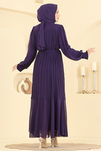moda selvim Pilise Detaylı Şifon Abiye 5770EDF311 Mor - Thumbnail