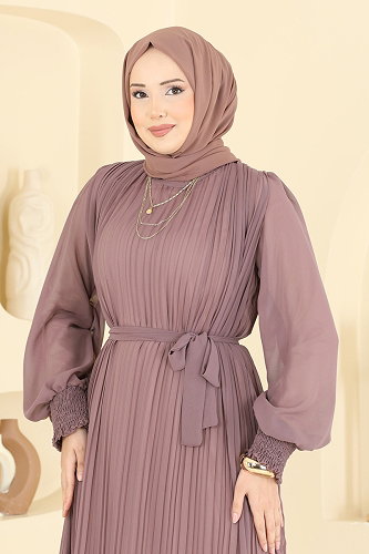 moda selvim Pilise Detaylı Şifon Abiye 5770EDF311 Pudra Vizyon - Thumbnail