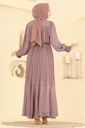 moda selvim Pilise Detaylı Şifon Abiye 5770EDF311 Pudra Vizyon - Thumbnail