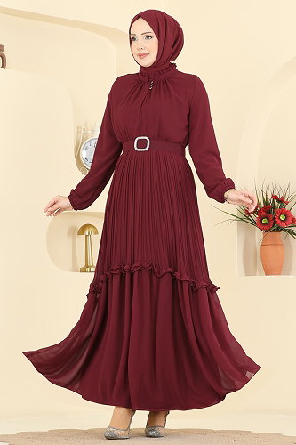 moda selvim Pilise Detaylı Şifon Elbise 2468ANT466 Bordo - Thumbnail