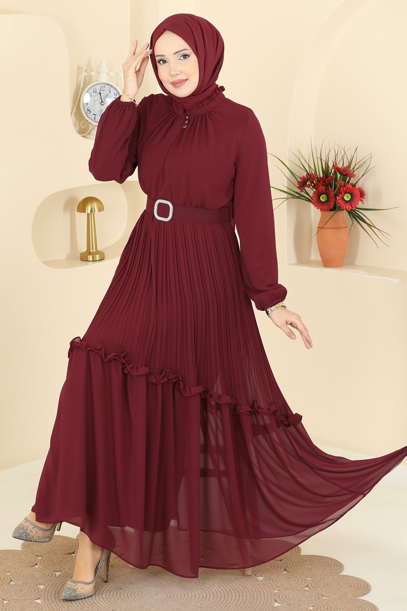 Pilise Detaylı Şifon Elbise 2468ANT466 Bordo