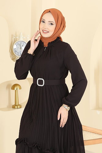 moda selvim Pilise Detaylı Şifon Elbise 2468ANT466 Kahve - Thumbnail