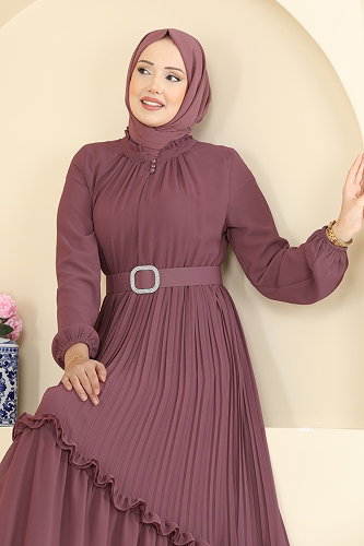 moda selvim Pilise Detaylı Şifon Elbise 2468ANT466 Koyu Gül Kurusu - Thumbnail