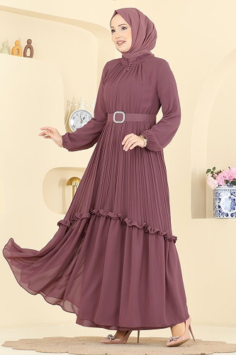 moda selvim Pilise Detaylı Şifon Elbise 2468ANT466 Koyu Gül Kurusu - Thumbnail