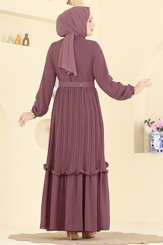 moda selvim Pilise Detaylı Şifon Elbise 2468ANT466 Koyu Gül Kurusu - Thumbnail