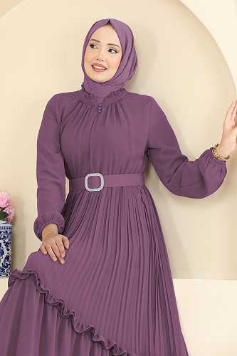 moda selvim Pilise Detaylı Şifon Elbise 2468ANT466 Koyu Lila - Thumbnail