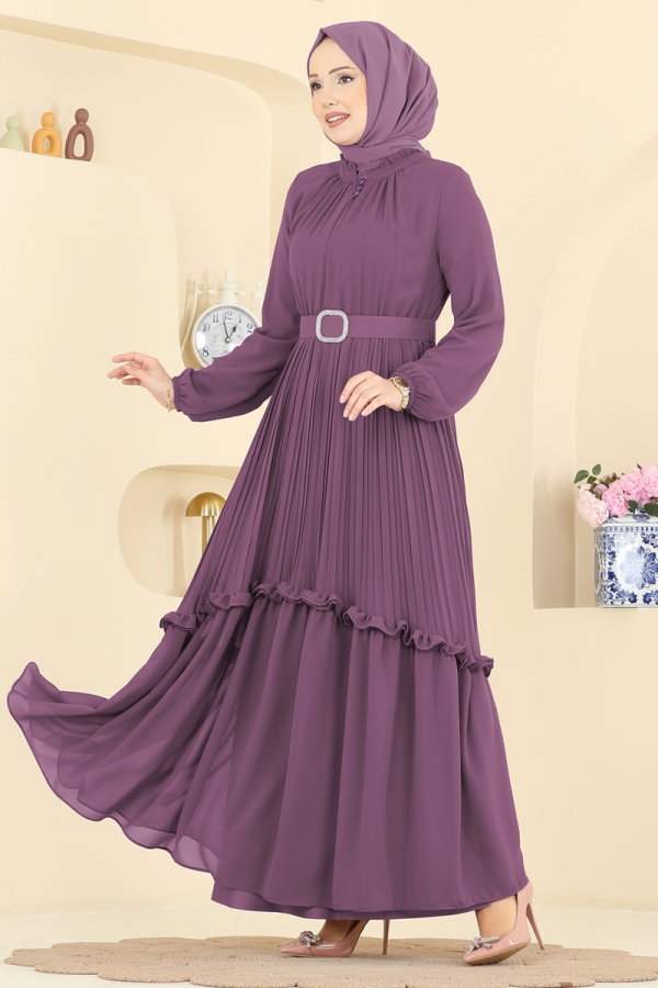 Modaselvim ABİYE Pilise Detaylı Şifon Elbise 2468ANT466 Koyu Lila