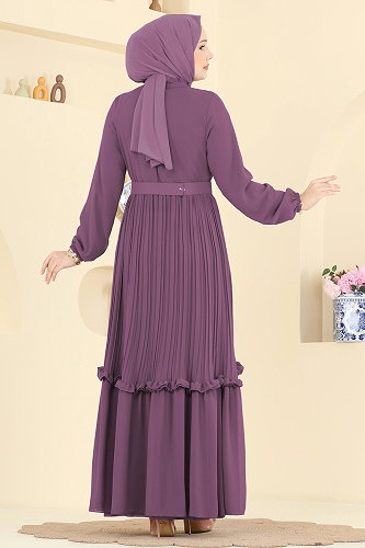 moda selvim Pilise Detaylı Şifon Elbise 2468ANT466 Koyu Lila - Thumbnail