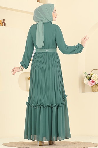 moda selvim Pilise Detaylı Şifon Elbise 2468ANT466 Koyu Mint - Thumbnail