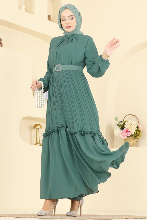 Modaselvim ABİYE Pilise Detaylı Şifon Elbise 2468ANT466 Koyu Mint
