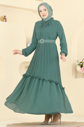 A.N.T. - Pilise Detaylı Şifon Elbise 2468ANT466 Koyu Mint