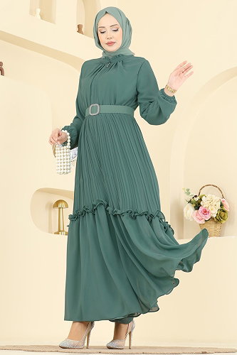 moda selvim Pilise Detaylı Şifon Elbise 2468ANT466 Mint - Thumbnail