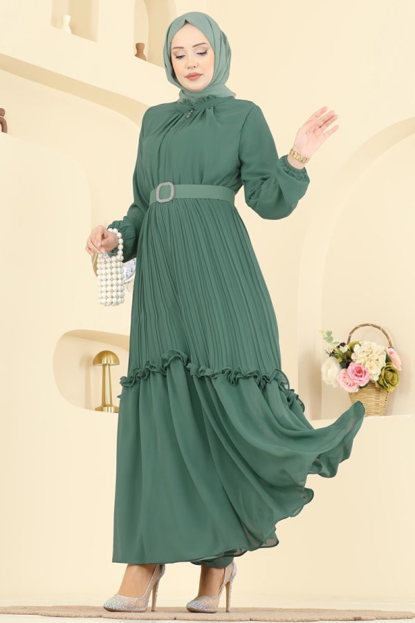Modaselvim ABİYE Pilise Detaylı Şifon Elbise 2468ANT466 Mint
