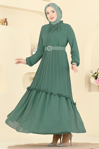 moda selvim Pilise Detaylı Şifon Elbise 2468ANT466 Mint - Thumbnail