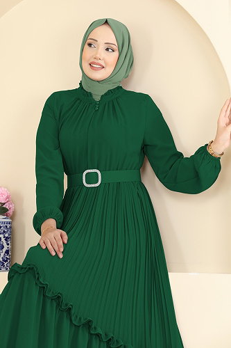 moda selvim Pilise Detaylı Şifon Elbise 2468ANT466 Zümrüt - Thumbnail