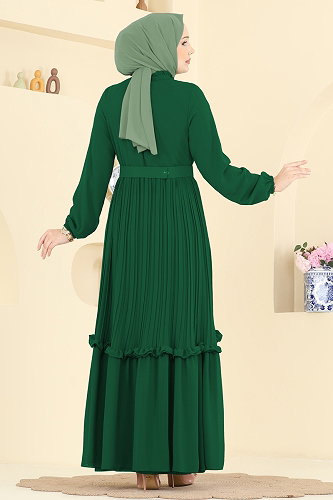 moda selvim Pilise Detaylı Şifon Elbise 2468ANT466 Zümrüt - Thumbnail