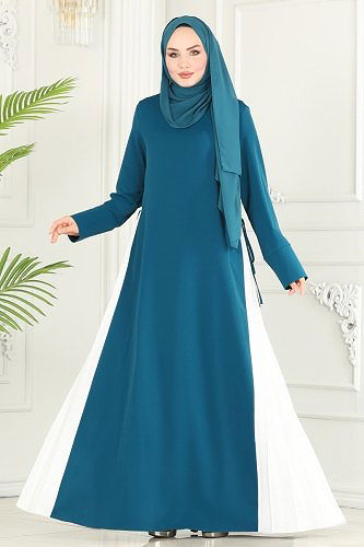 moda selvim Pilise Detaylı Tesettür Elbise 6858MDH809 Petrol&Ekru - Thumbnail