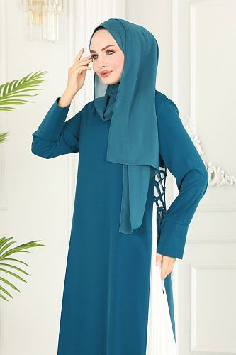 moda selvim Pilise Detaylı Tesettür Elbise 6858MDH809 Petrol&Ekru - Thumbnail
