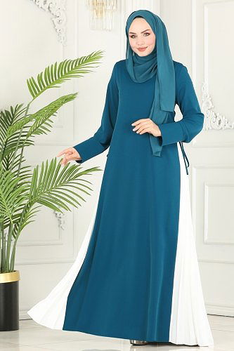 moda selvim Pilise Detaylı Tesettür Elbise 6858MDH809 Petrol&Ekru - Thumbnail