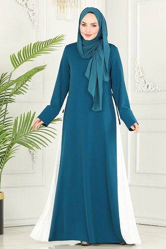moda selvim Pilise Detaylı Tesettür Elbise 6858MDH809 Petrol&Ekru - Thumbnail