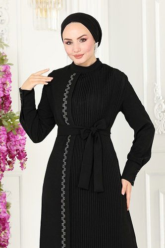 moda selvim Piliseli Dabıl Elbise 5187AL357 Siyah - Thumbnail