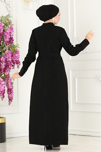 moda selvim Piliseli Dabıl Elbise 5187AL357 Siyah - Thumbnail