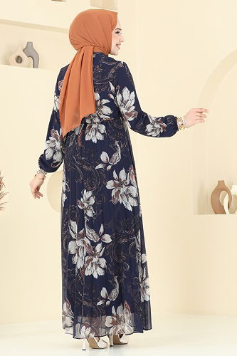 moda selvim Piliseli Desenli Şifon Elbise 5035ANT466 Laci - Thumbnail