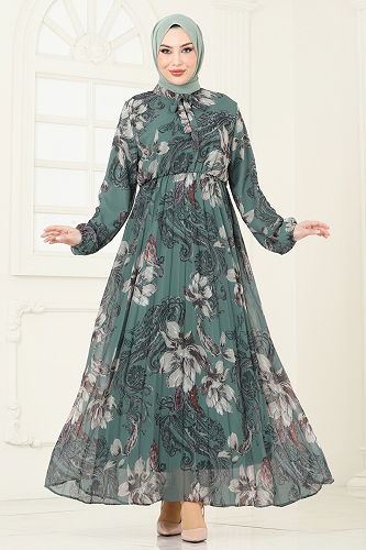 moda selvim Piliseli Desenli Şifon Elbise 5035ANT466 Mint - Thumbnail