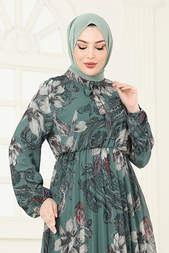 moda selvim Piliseli Desenli Şifon Elbise 5035ANT466 Mint - Thumbnail