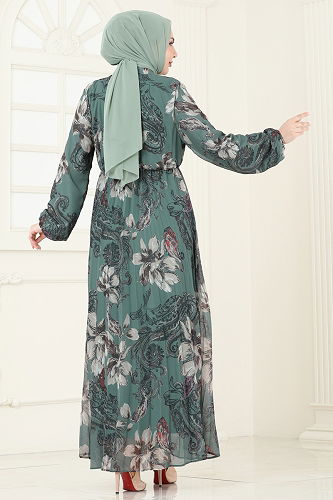 moda selvim Piliseli Desenli Şifon Elbise 5035ANT466 Mint - Thumbnail