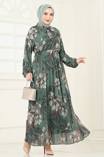 moda selvim Piliseli Desenli Şifon Elbise 5035ANT466 Mint - Thumbnail