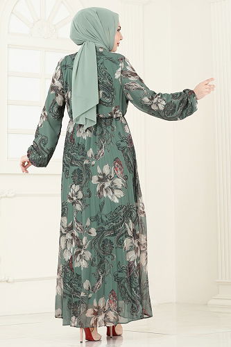 moda selvim Piliseli Desenli Şifon Elbise 5035ANT466 Mint - Thumbnail