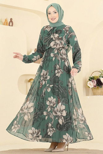 moda selvim Piliseli Desenli Şifon Elbise 5035ANT466 Mint - Thumbnail