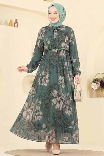 moda selvim Piliseli Desenli Şifon Elbise 5035ANT466 Mint - Thumbnail