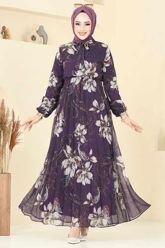 moda selvim Piliseli Desenli Şifon Elbise 5035ANT466 Mor - Thumbnail