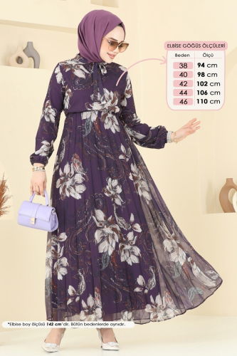 moda selvim Piliseli Desenli Şifon Elbise 5035ANT466 Mor - Thumbnail
