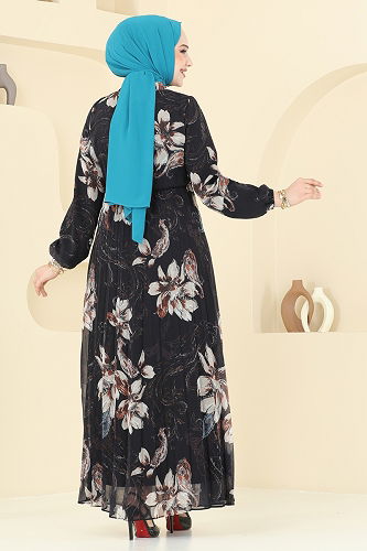 moda selvim Piliseli Desenli Şifon Elbise 5035ANT466 Siyah - Thumbnail
