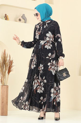 moda selvim Piliseli Desenli Şifon Elbise 5035ANT466 Siyah - Thumbnail
