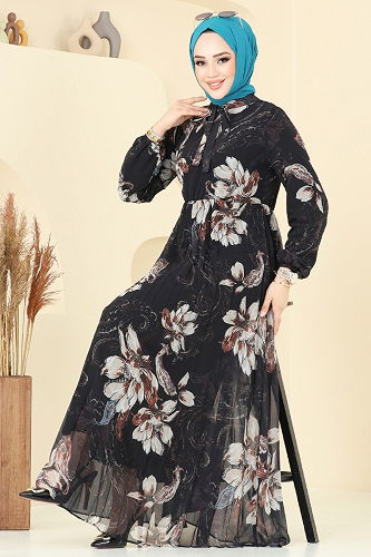 moda selvim Piliseli Desenli Şifon Elbise 5035ANT466 Siyah - Thumbnail