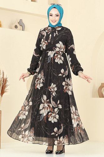 moda selvim Piliseli Desenli Şifon Elbise 5035ANT466 Siyah - Thumbnail