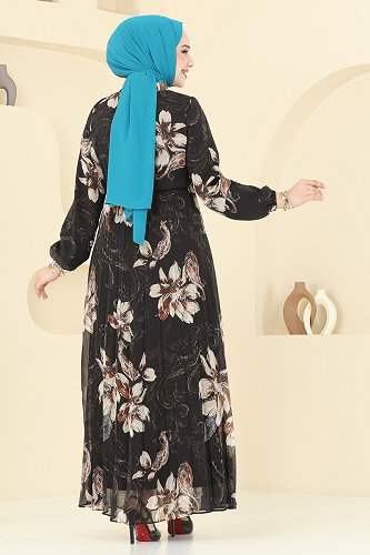 moda selvim Piliseli Desenli Şifon Elbise 5035ANT466 Siyah - Thumbnail