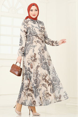 moda selvim Piliseli Desenli Şifon Elbise 5035ANT466 Taş - Thumbnail