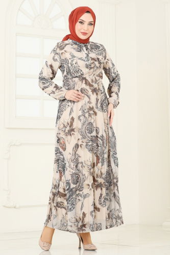 moda selvim Piliseli Desenli Şifon Elbise 5035ANT466 Taş - Thumbnail