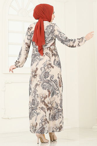 moda selvim Piliseli Desenli Şifon Elbise 5035ANT466 Taş - Thumbnail
