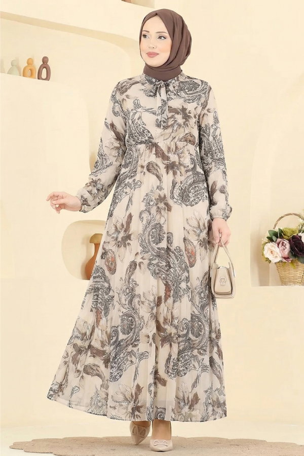 Modaselvim Elbise Piliseli Desenli Şifon Elbise 5035ANT466 Taş