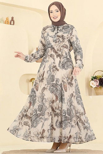 moda selvim Piliseli Desenli Şifon Elbise 5035ANT466 Taş - Thumbnail